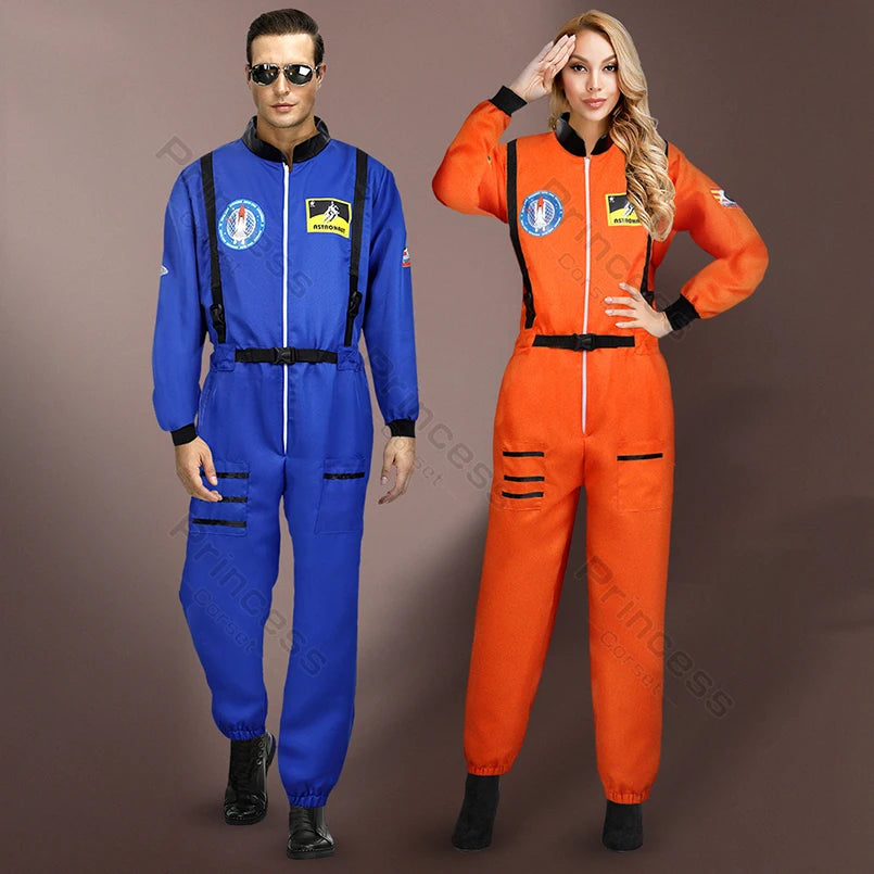 Adult Astronaut Costume for Women Men Flight Suit Costume Cosplay Space Astronaut Blue Full Body Jumpsuit with Zipper Carnival
