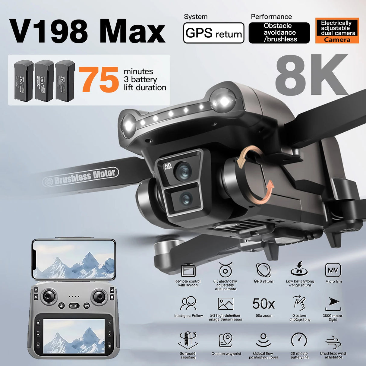 For Genuine V198MAX GPS Drone 8K Professional Camera Aerial FPV Brush Laser Obstacle with Large Screen Remote Control Folding RC