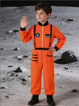 Kids Orange Space Explorer Jumpsuit, Boys Party Outfit with Astronaut Details