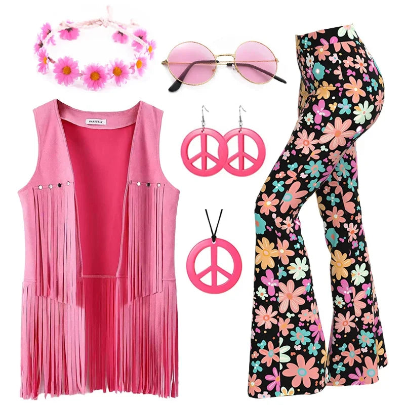 60s 70s Hippie Disco Cosplay Costume Women Hip Tassels Hippie Vest Cardigan Flared Pants Set Halloween Carnival Party