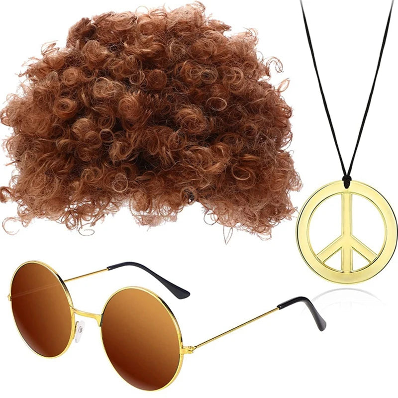 Hippie Funny Costume Set Funky Afro Wig Sunglasses Necklace For 50s 60s 70s Theme Party Men 80s Style Party Clothes Accessories