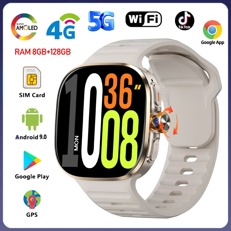 5G/4G Smart Watch 2.4 inch AMOLED 2100mah Battery 900W Camera GPS WIFI Google APPS Download 8GB+128GB RAM Smartwatch Android 10