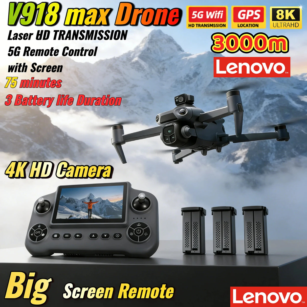 Lenovo V918 Max Drone with LCD Screen Remote Control GPS Laser Obstacle Avoidance 8K Professional Camera FPV 3000M RC Gifts