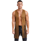 Mens Cowboy Costume Halloween Party Long Tassels 70s Hippie Cardigan Sleeveless Fringe Suede Jacket Waistcoat Vintage Vest Tops