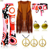 Halloween Hippie Costume Women's Set for Carnival 70s Clothing Accessories Six-Piece Set Tassel Vest+Pants+Headband Set