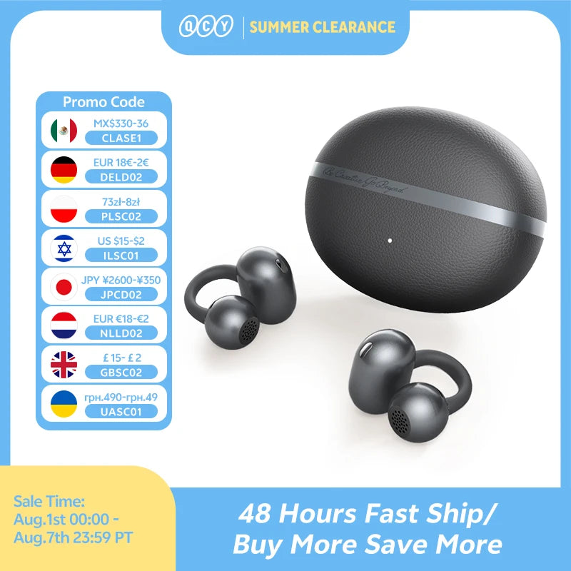 QCY Crossky C50 Open Ear Wireless Earbuds Bluetooth 6.0 Comfort Clip On Sports Earphone 4 Mic AI Clear Call Bass Boost Headphone