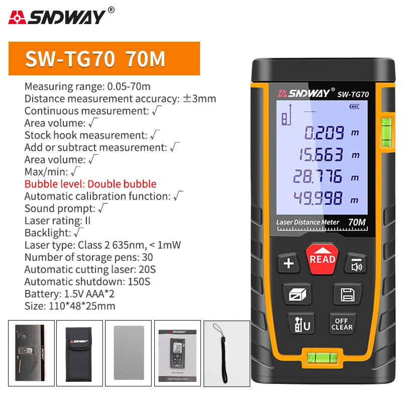 SNDWAY Laser Distance Meter Digital Range Finder 100m 70m 50m Rangefinder Trena Lazer Tape Measure Ruler Roulette Measurer Tool