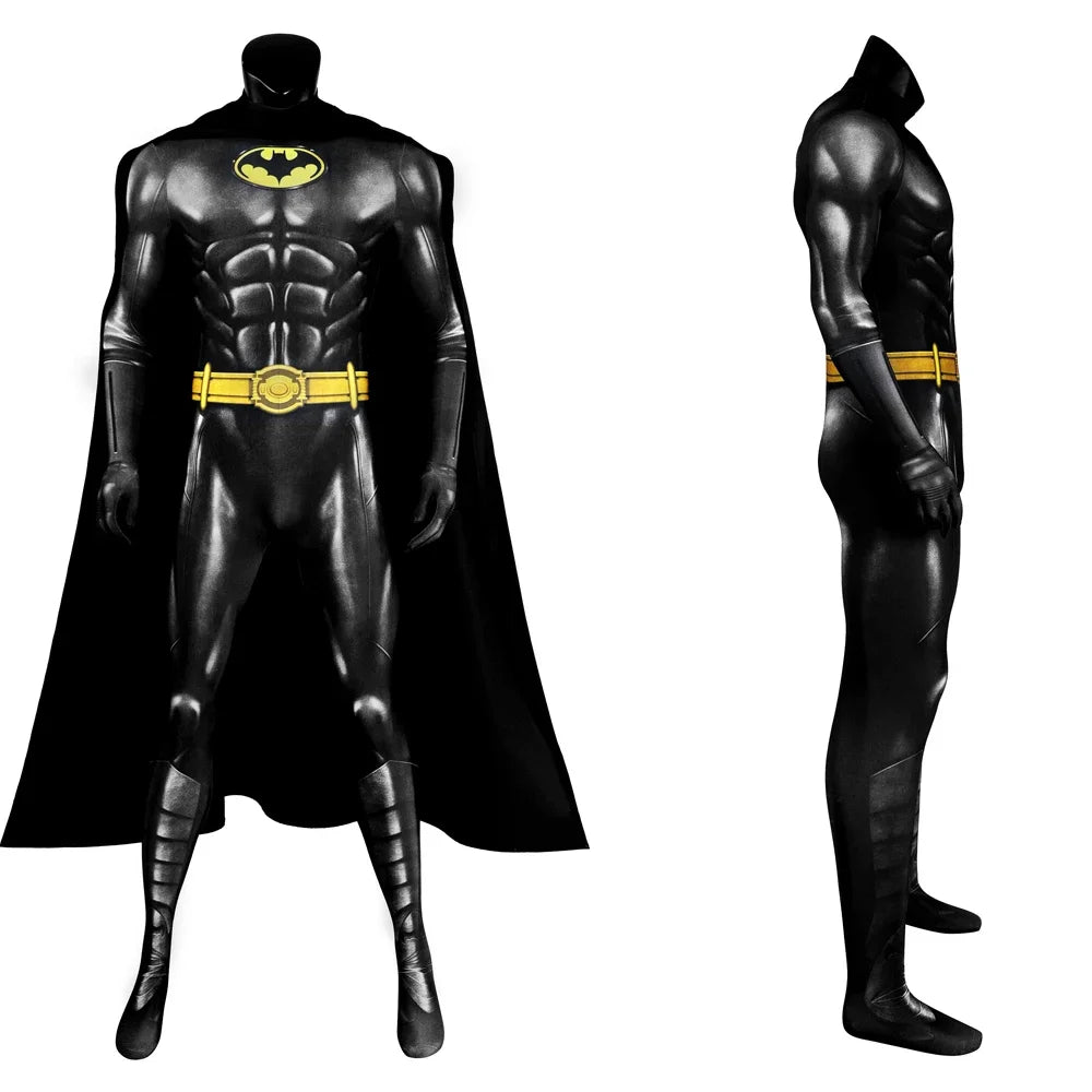 Superhero Bruce Wayne Cosplay Costume Men Bat Jumpsuit Print Halloween Carnival Fitting Suit Bodysuit Cape Party Clothes