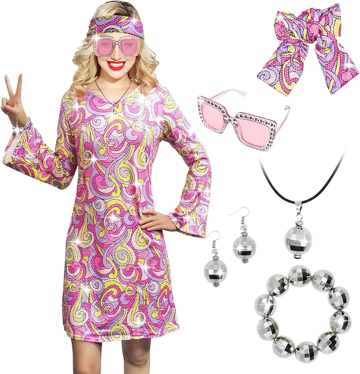 Disfraz 70s Women Disco Dress Hippie Costumes Necklace Earrings Glasses, 60's 70's Birthday Outfits, 1970s Prom Bling Dress