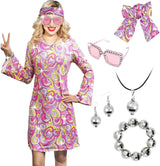 Disfraz 70s Women Disco Dress Hippie Costumes Necklace Earrings Glasses, 60's 70's Birthday Outfits, 1970s Prom Bling Dress