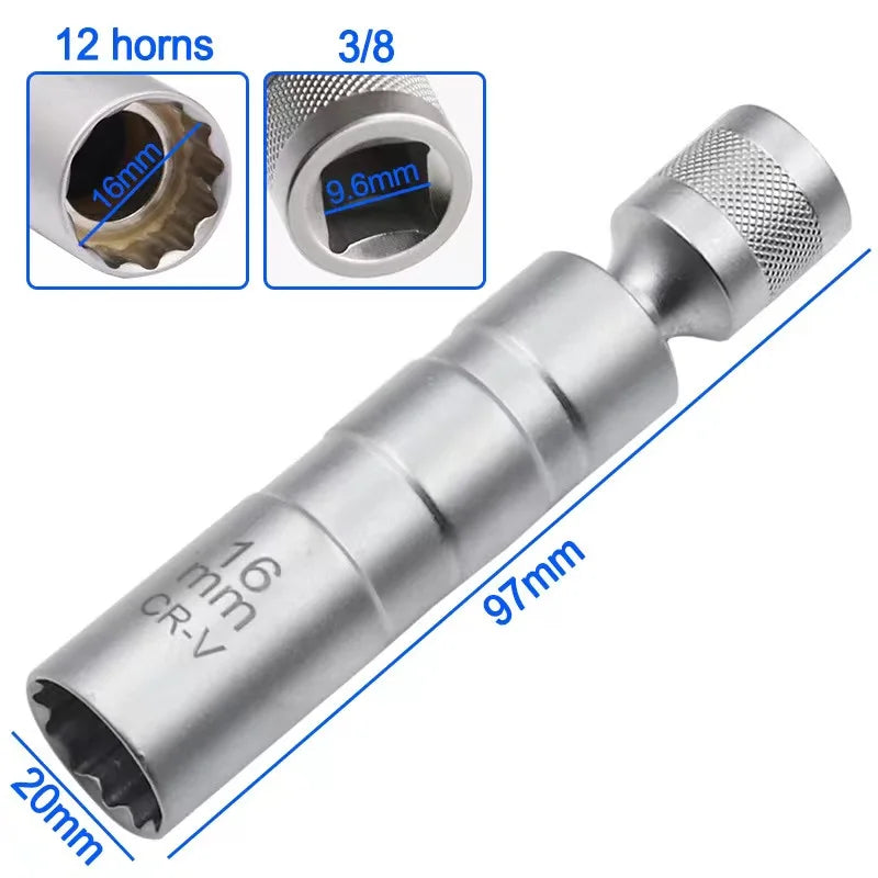 Spark Plug Socket Wrench Adapter 14mm16mm Set Universal Joint with Magnetic Flexible Socket Thin Wall 3/8" Drive Car Repair Tool