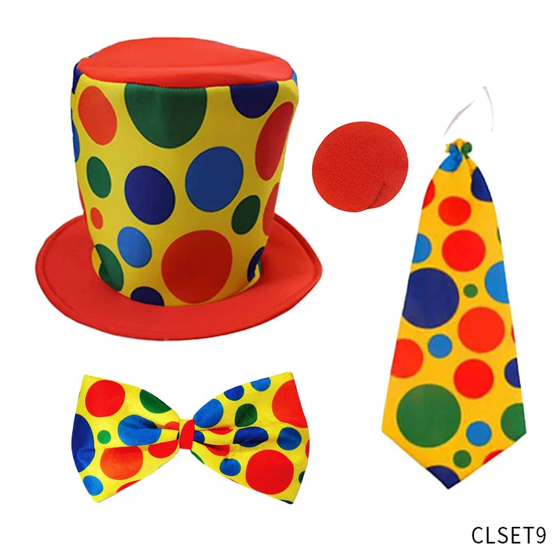Clown Costume -  Nose Wig Bow Tie Shoes Headband Gloves Hat Stockings and Vest Dress Up Cosplay Props Accessories