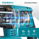 YOFIDRA Brushless Electric Hammer Impact Drill 26MM Cordless Woodworking Impact Drill Power Tools Set For Makita 18V Battery Pin