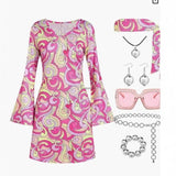 Disfraz 70s Women Disco Dress Hippie Costumes Necklace Earrings Glasses, 60's 70's Birthday Outfits, 1970s Prom Bling Dress