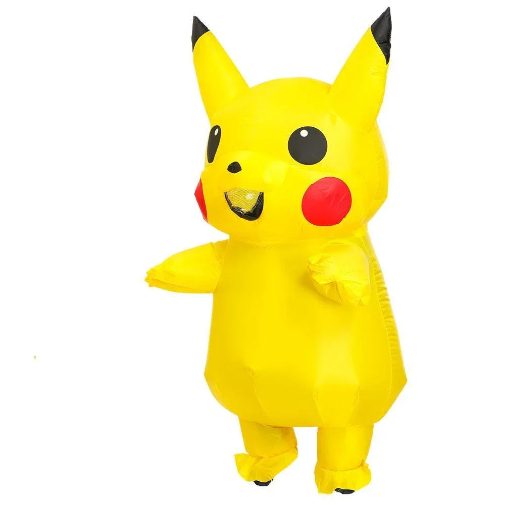 Inflatable Pikachu Costume Yellow Cartoon Character Outfit with Built-in Fan Funny Blow-up Suit for Halloween Cosplay Party