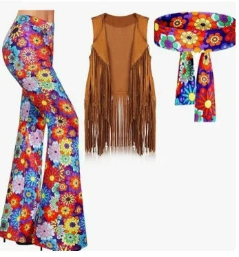 70s 80s Women Hippie Costume Set Bell Bottom Flared Pant for christmas party Halloween Cosplay