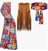70s 80s Women Hippie Costume Set Bell Bottom Flared Pant for christmas party Halloween Cosplay