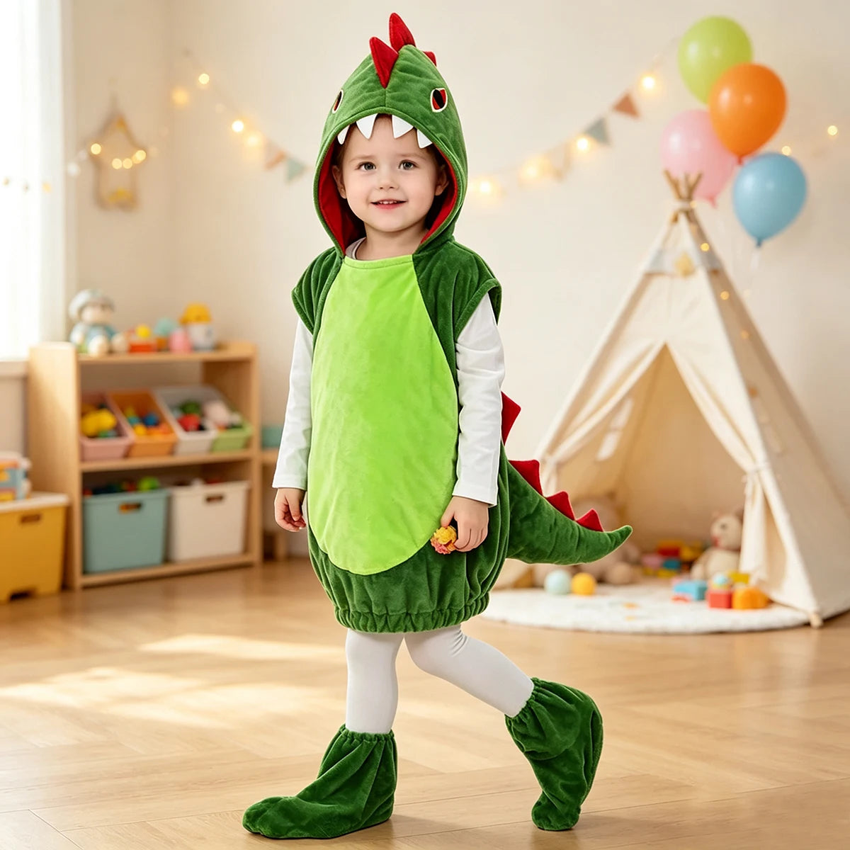 Umorden Green Dinosaur Costume Vest Hoodie for Children Boys Girls Toddler 3-4Y 6-8Y with Foot Covers Halloween Purim Clothes