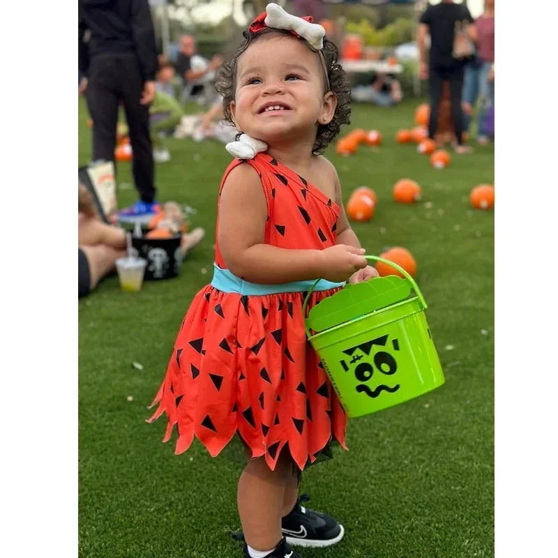 New 2026 Infant Toddle Pebble Bone Fancy Dress Up Halloween Caveman Cavegirl Flint stone Costume For Girl COS