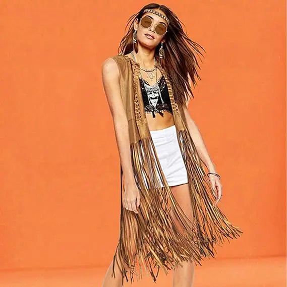 Women 60s 70s Hippie Disco Cosplay Costume Peace Love Girls Hip Indian Tassels Cowgirl Vest Cardigan Halloween Carnival Party