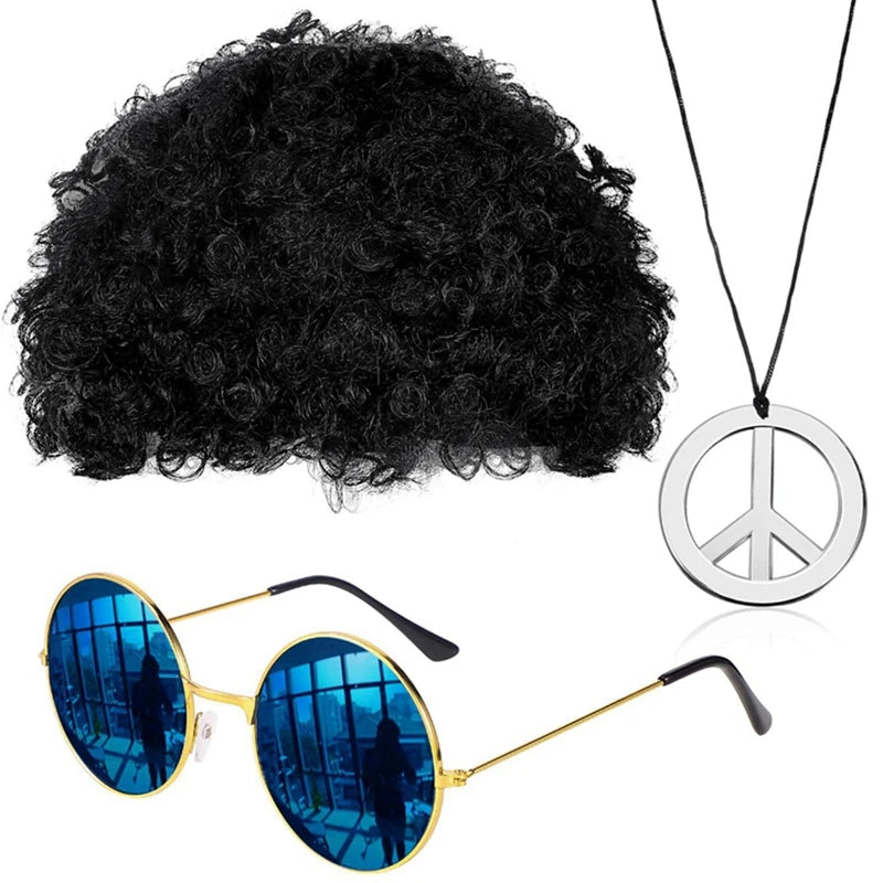 Hippie Funny Costume Set Funky Afro Wig Sunglasses Necklace For 50s 60s 70s Theme Party Men 80s Style Party Clothes Accessories