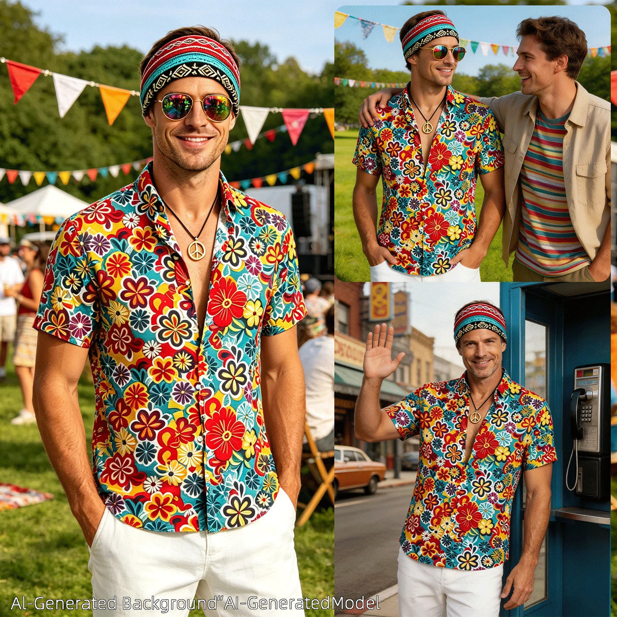 Mens 70s Disco Outfit Hippie Costume Vintage Printed Shirt with Sunglasses Headbands Necklace for Party