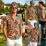 Mens 70s Disco Outfit Hippie Costume Vintage Printed Shirt with Sunglasses Headbands Necklace for Party