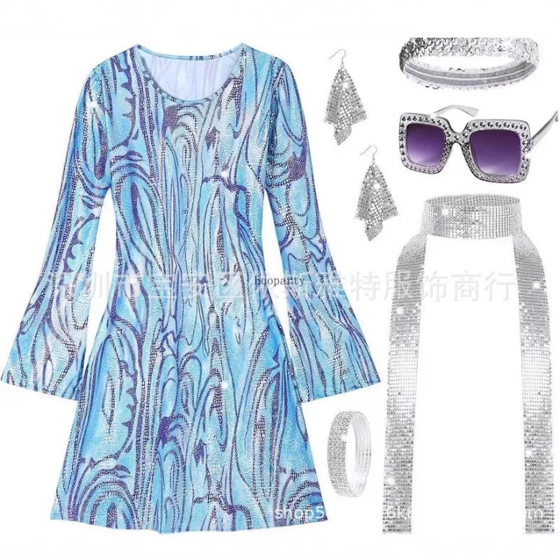 Disfraz 70s Women Disco Dress Hippie Costumes Necklace Earrings Glasses, 60's 70's Birthday Outfits, 1970s Prom Bling Dress