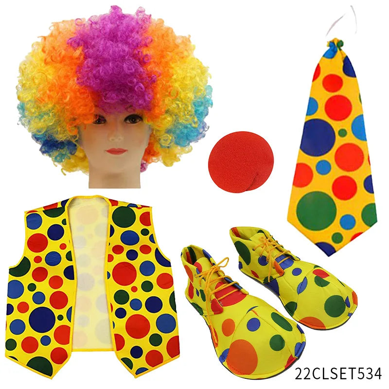 Clown Costume -  Nose Wig Bow Tie Shoes Headband Gloves Hat Stockings and Vest Dress Up Cosplay Props Accessories