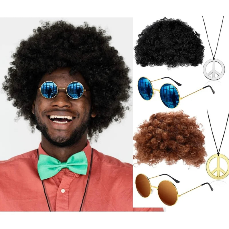 Hippie Funny Costume Set Funky Afro Wig Sunglasses Necklace For 50s 60s 70s Theme Party Men 80s Style Party Clothes Accessories