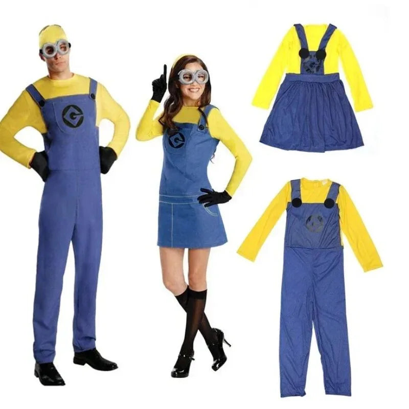 Family Little Yellow Men Cosplay Costume Set Adult Yellow Shirt Blue Overalls Halloween Carnival Party Role Play Outfit