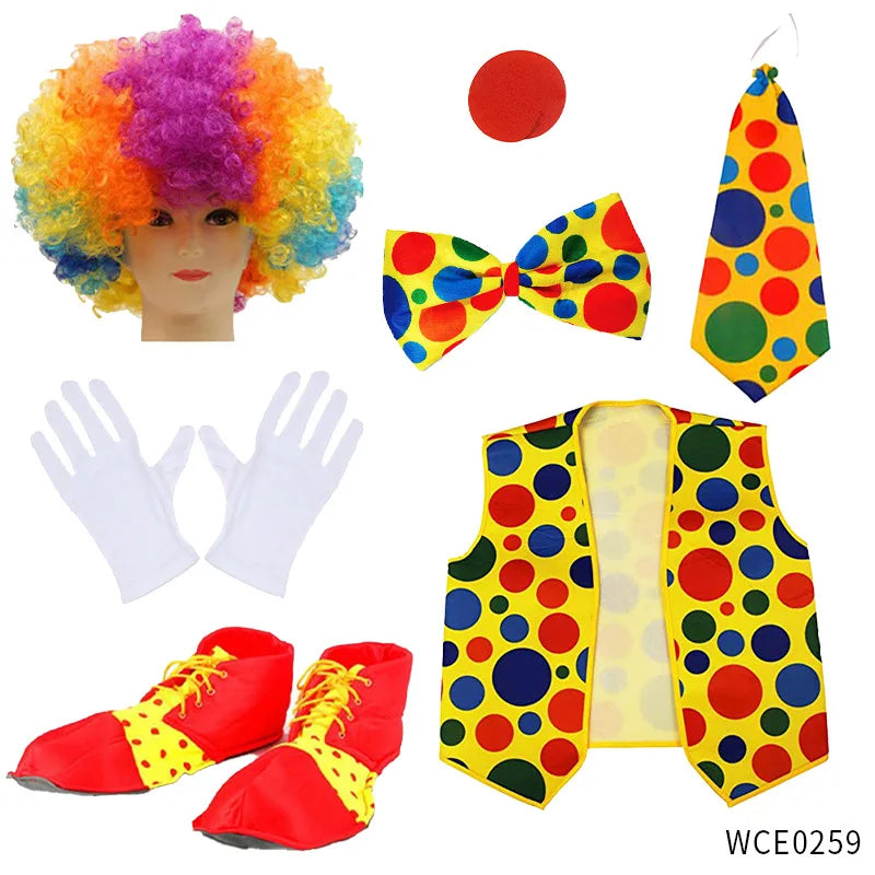 Clown Costume -  Nose Wig Bow Tie Shoes Headband Gloves Hat Stockings and Vest Dress Up Cosplay Props Accessories