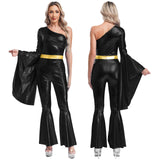 Womens 60 70s Disco Costume Hippie Outfits Halloween Carnival Party Hip-hop Dance Costumes Shiny Metallic Bodysuit Jumpsuit