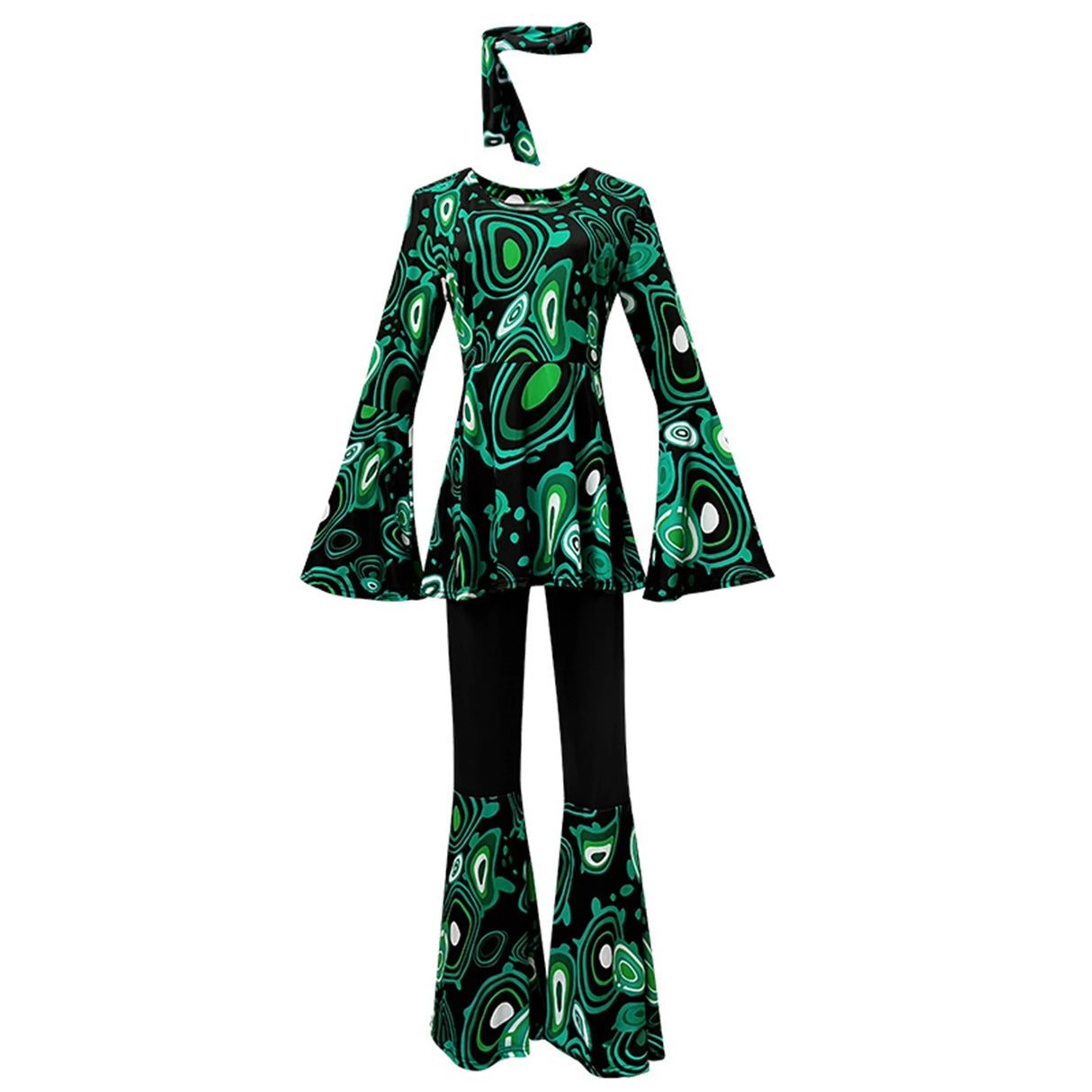 Women 60s 70s Outfits Hippie Costume Set Disco Outfit Dress Boho Flared Pants Hippie Shirt Headband
