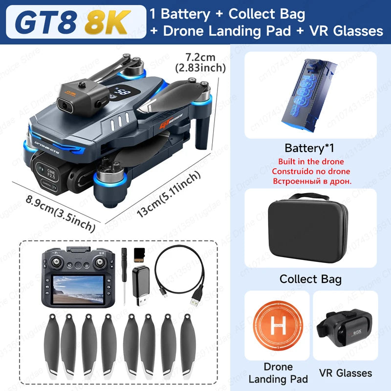 New GT8 Drone 8K Professional HD Dual Cameras Screen Remote 5G WIFI Brushless Motor Obstacle Avoidance Foldable Quadcopter Toys