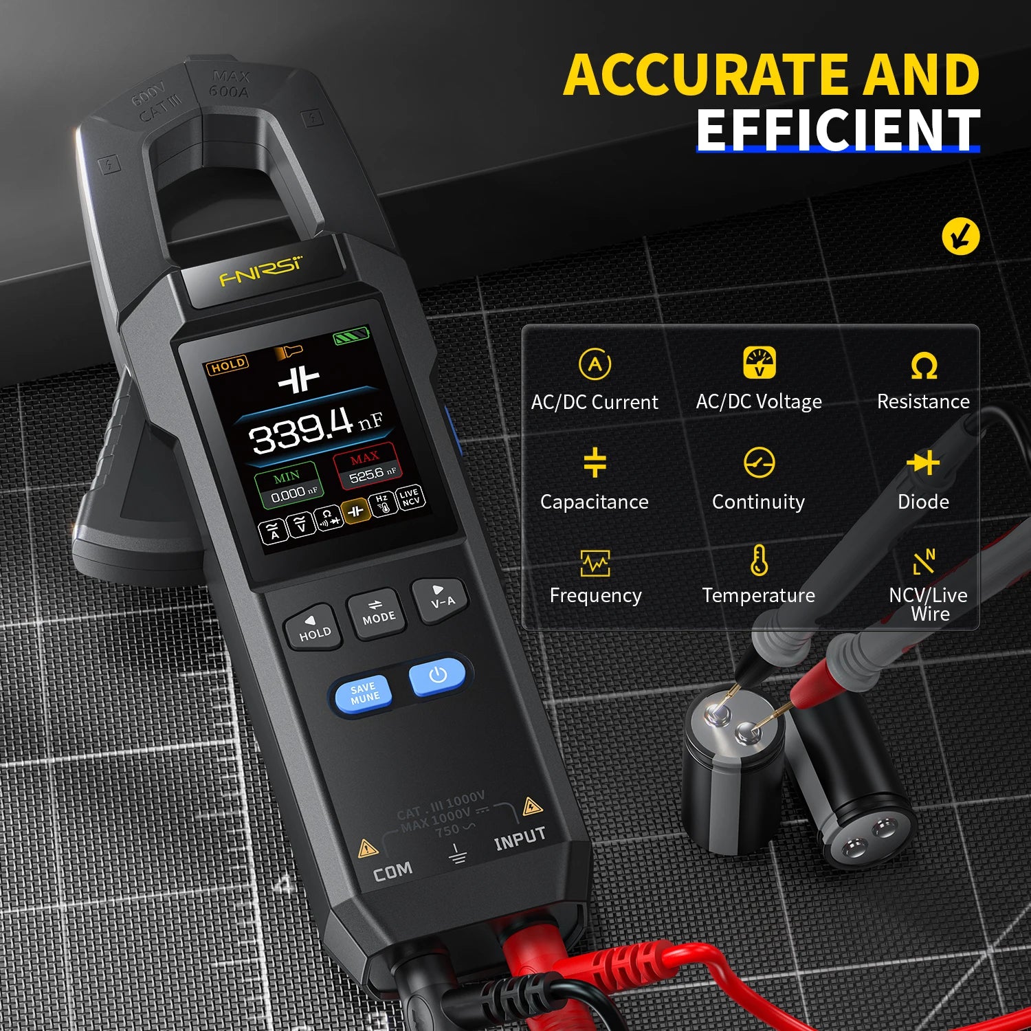 FNIRSI DMC-100 Clamp Meter 10000 Counts TRMS AC/DC Current Amperemeter Clamp 600A Digital Multimeter USB Charge Electrician Tool