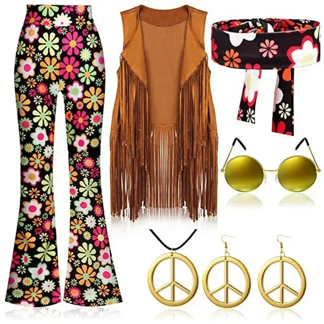 70s 80s Women Hippie Costume Set Bell Bottom Flared Pant for christmas party Halloween Cosplay