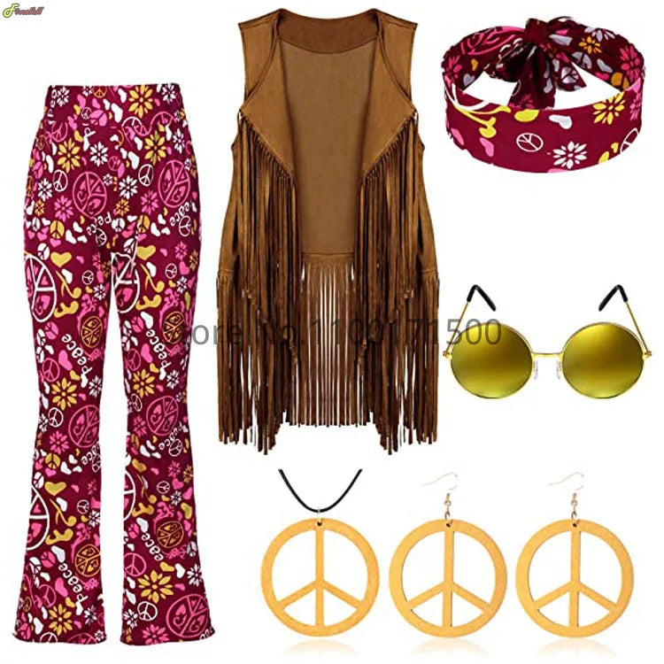 Halloween Hippie Costume Women's Set for Carnival 70s Clothing Accessories Six-Piece Set Tassel Vest+Pants+Headband Set