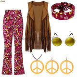 Halloween Hippie Costume Women's Set for Carnival 70s Clothing Accessories Six-Piece Set Tassel Vest+Pants+Headband Set
