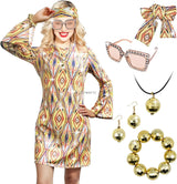 Disfraz 70s Women Disco Dress Hippie Costumes Necklace Earrings Glasses, 60's 70's Birthday Outfits, 1970s Prom Bling Dress