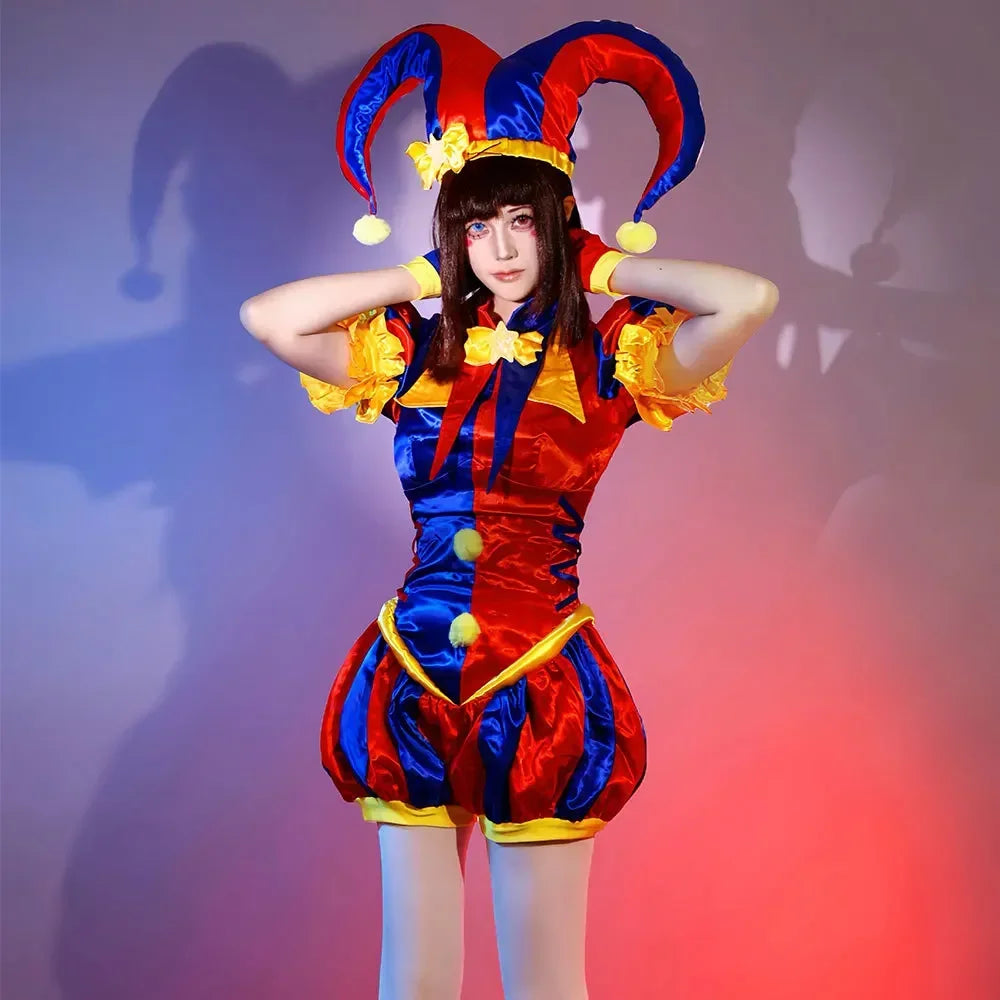 Costume de Cosplay de Clown pour femmes adultes, costume de bouffon, combinaison et chapeau bleu rouge avec gants et chaussettes