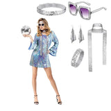Adult 70s Women Disco Dress Hippie Costumes Necklace Earrings Glasses, 60's Birthday Outfits, 1970s Prom Bling Dress Halloween