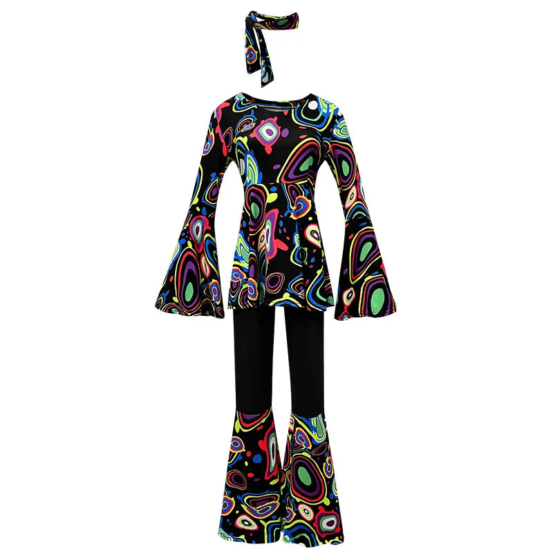 Women 60s 70s Outfits Hippie Costume Set Disco Outfit Dress Boho Flared Pants Hippie Shirt Headband