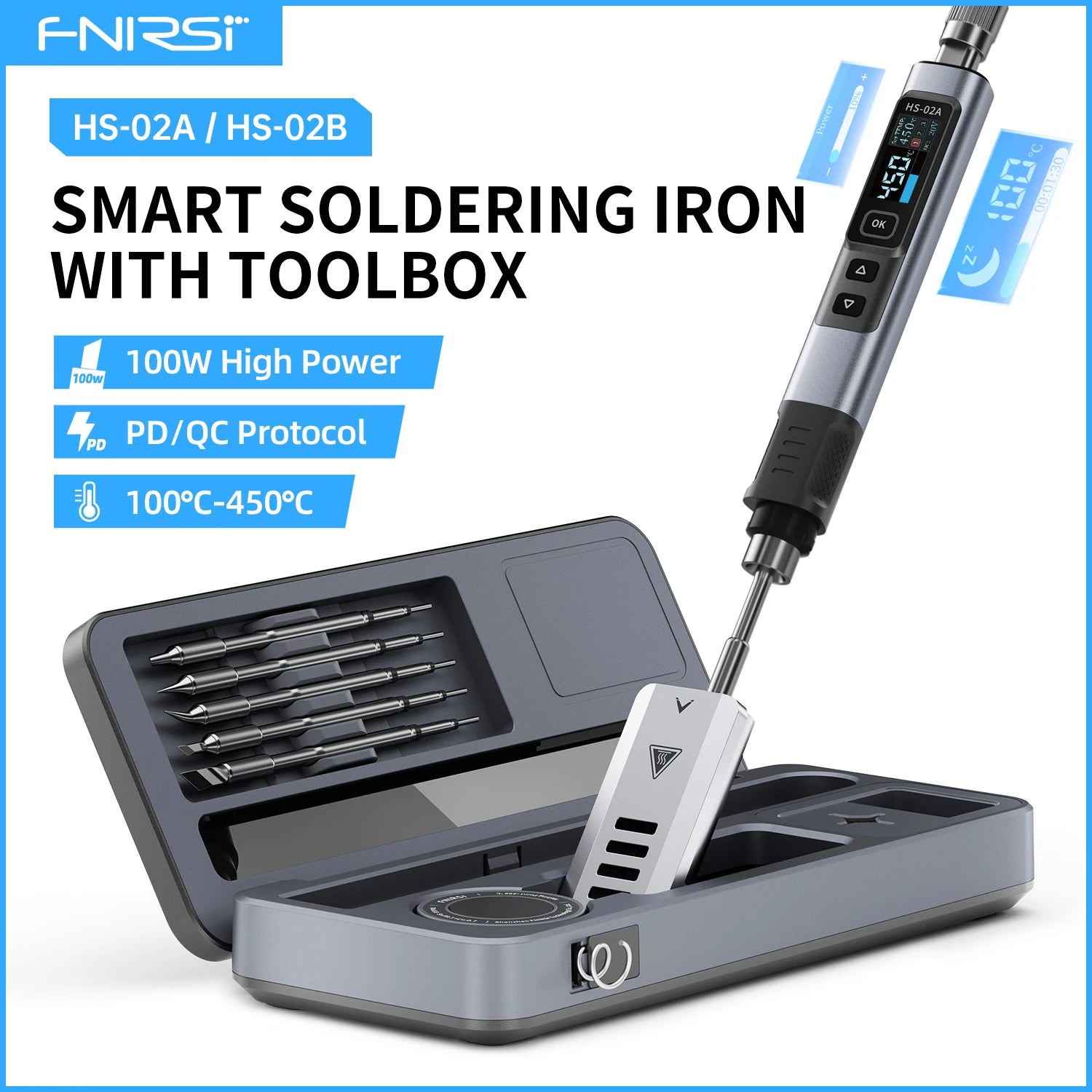 FNIRSI HS-02 Protable Heat Toolbox Kit 100W Power Adjustable Temperature Quick Heating Repair Equipment 100-450℃ for DIY Repair