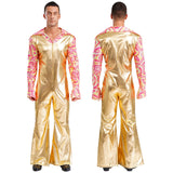 Mens 70s Disco Jumpsuit Retro Hippie Music Festival Cosplay Costume V Neck Zipper Halloween Party Fancy Dress Jazz Dancing Wear