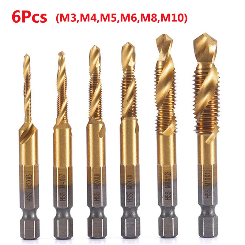 Hex Shank Titanium Plated HSS Screw Thread Metric Tap Drill Bits Screw Machine Compound Tap M3 M4 M5 M6 M8 M10 Hand Tools