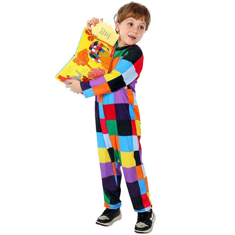 Colorful Girls Boys Elmer Elephant Costume Kids World Book Day Fancy Dress Up Halloween Patchwork Elephant Costume for Child