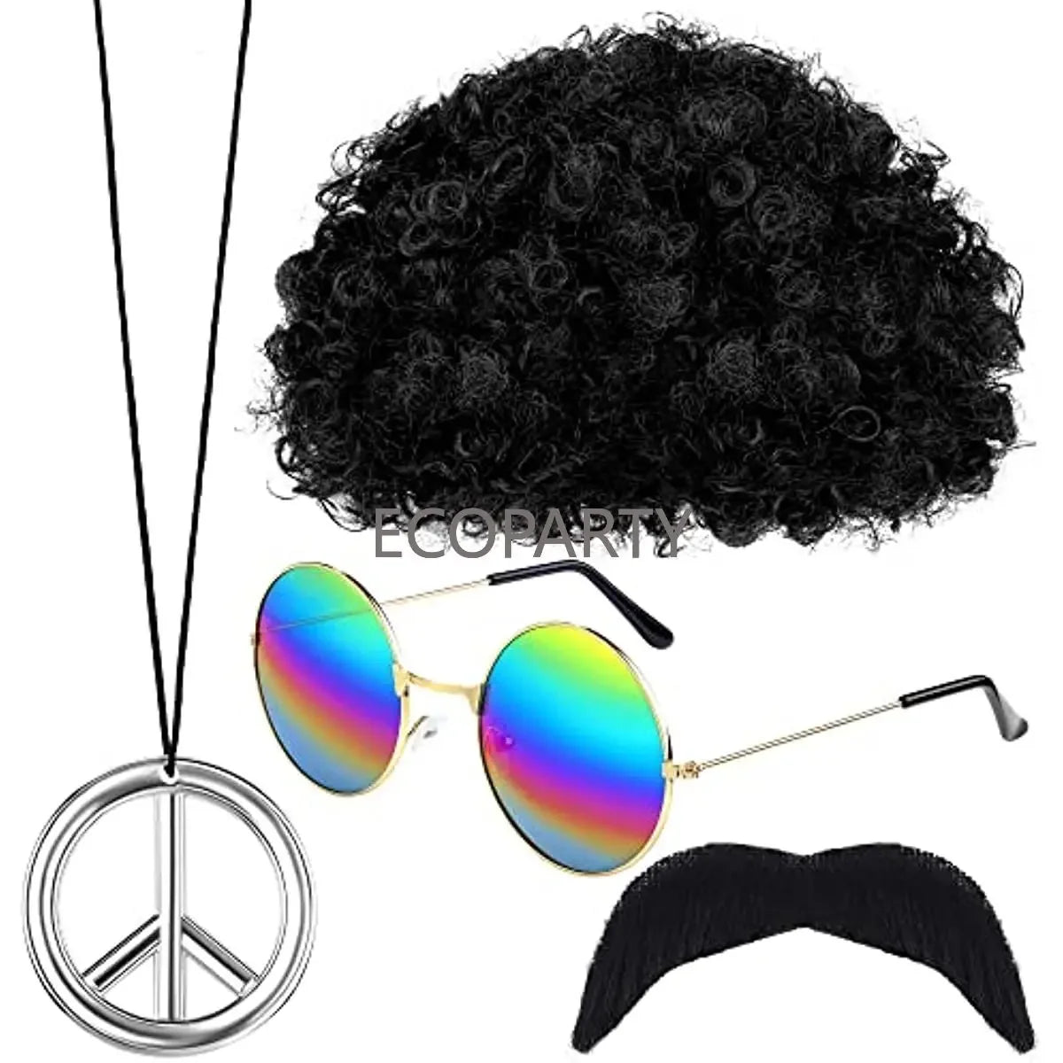 Hippie Costume Accessories 70s Dress Costume Set Includes Funky Afro Wig Glasses Peace Necklace Moustache 60s 70s Hippie Costume