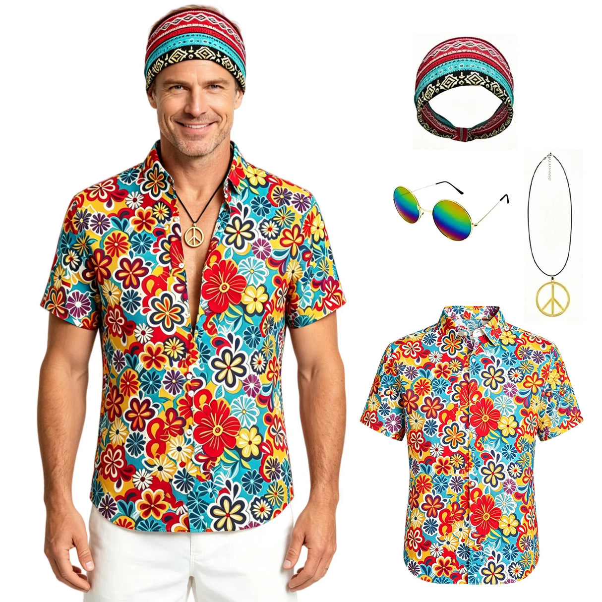 Mens 70s Disco Outfit Hippie Costume Vintage Printed Shirt with Sunglasses Headbands Necklace for Party