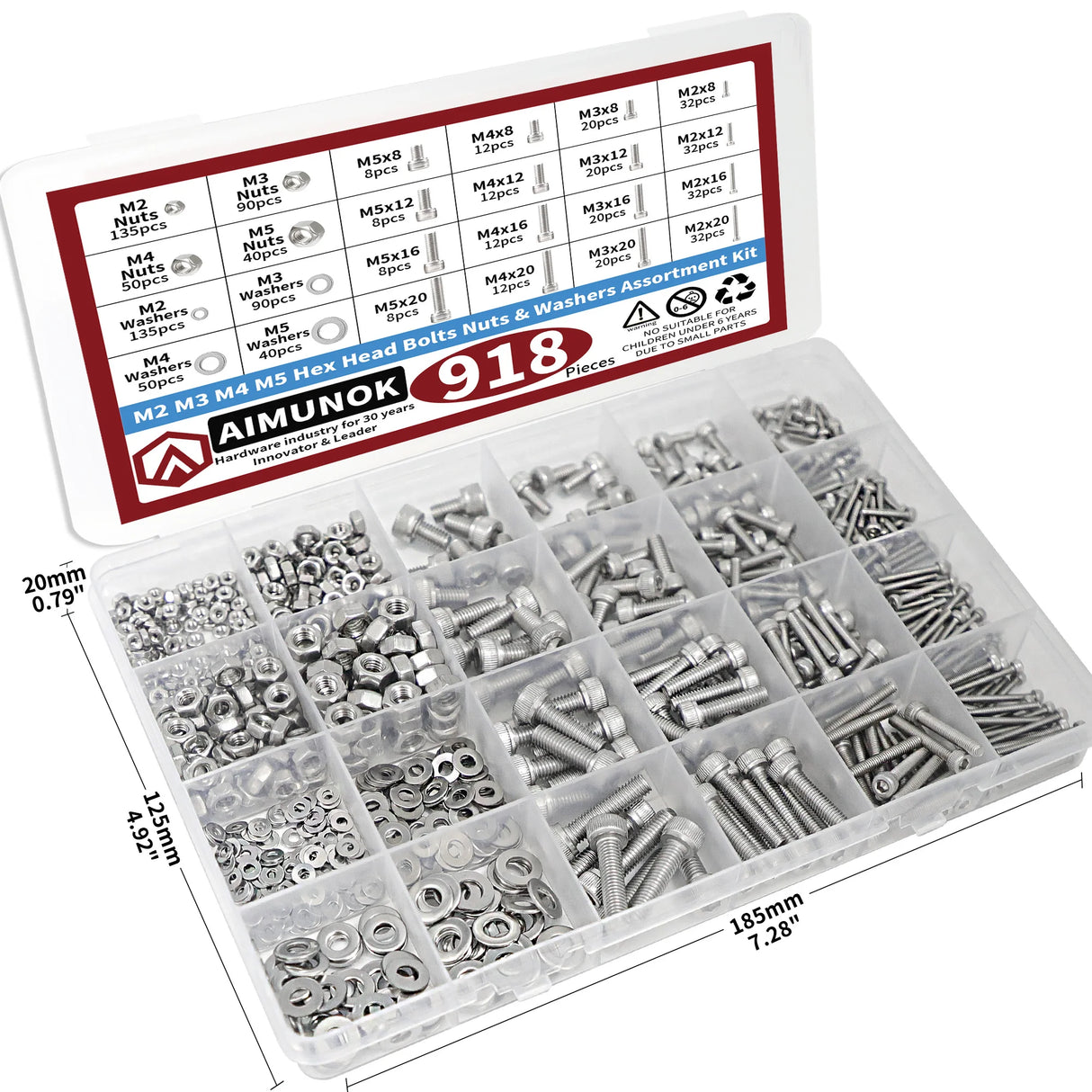 918pcs Nuts and Bolts Assortment Kit - M2, M3, M4, M5 Hex Head 304 Stainless Steel Bolts, Nuts, Flat Washers, and More